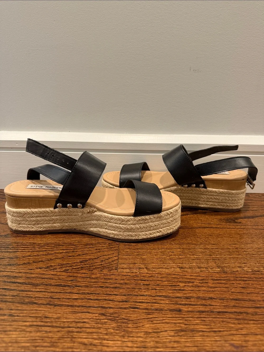Steve Madden Black and Tan Espadrille Platform Sandals